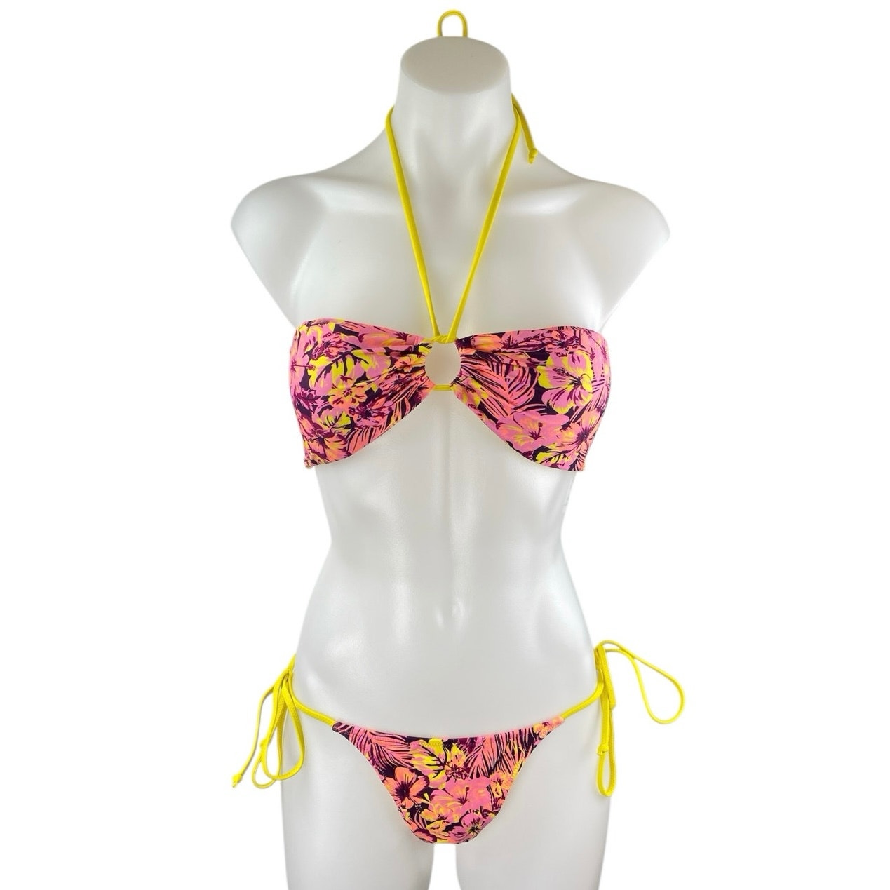 White Fox Swim Pink Floral Sleeveless Halter Two Piece Bandeau Bikini Swimwear M